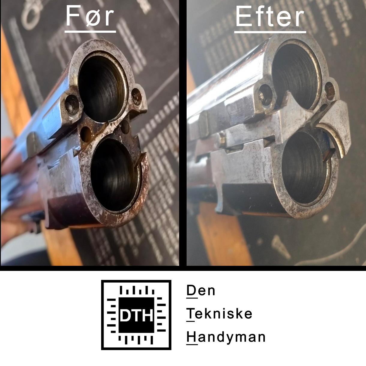 Før og efter rensning af haglbøsse-piber ved baskylen